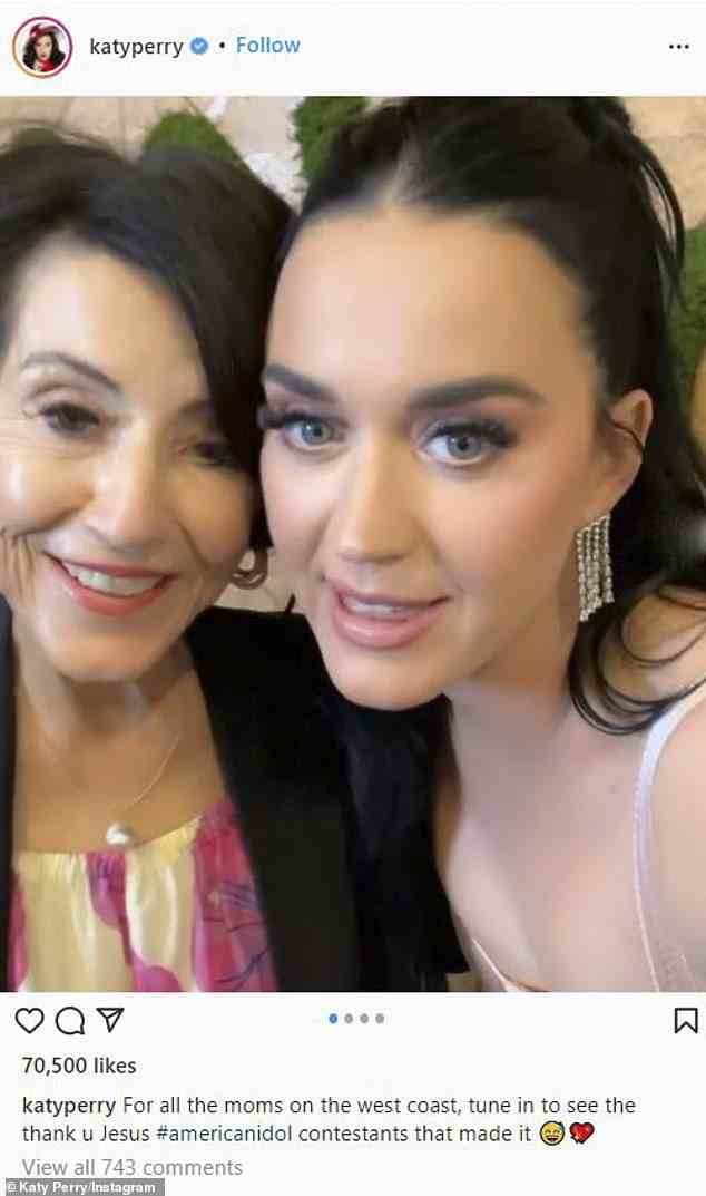 Muttertags-Special: Ungefähr zwei Stunden später kehrte Katy für eine weitere American Idol-Promo zu Instagram zurück, nur dieses Mal teilte sie ein Video mit ihrer Mutter Mary Perry Hudson