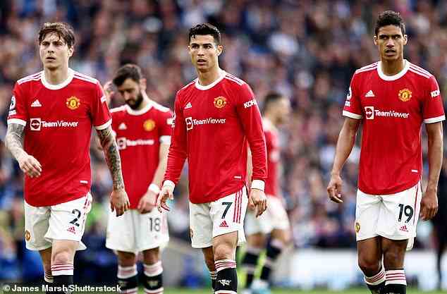 Victor Lindelof (left), Cristiano Ronaldo (middle) and Raphael Varane (right) look dejected