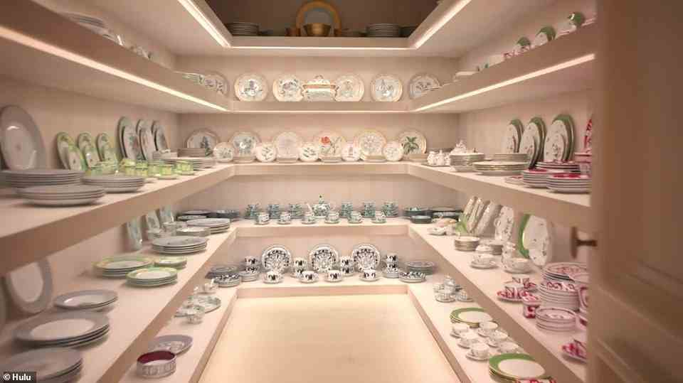 Dinnerware: Kris shows them the screening room, bar, gym and a room for the designer dinnerware sets that she collects, which she tells her friend Faye Resnick is, 'my dream.'