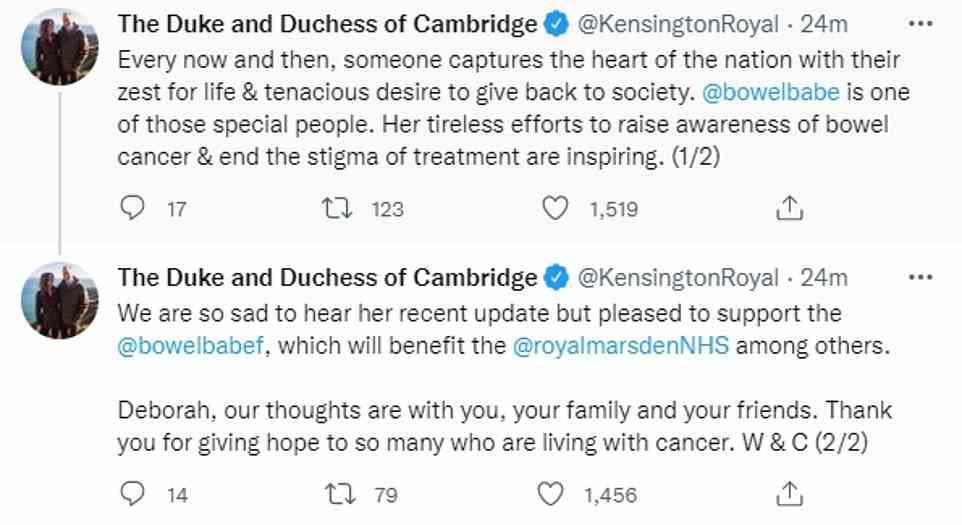 The Duke and Duchess of Cambridge earlier paid tribute to cancer-stricken BBC podcaster Deborah James' fundraising