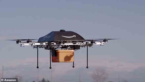 Amazon stellt sich vor, Lieferungen auf der letzten Meile mit einer Armee autonomer Drohnen (im Bild) durchzuführen, die Pakete vor Ihrer Haustür abwerfen.  Es hat den Service 'Prime Air' abgerechnet