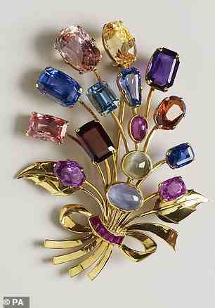 The Sri Lanka brooch, which will also be on display was presented by the Mayor of Colombo and is set with pink, blue and yellow sapphires, garnets, rubies and aquamarine