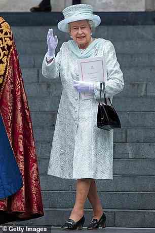 The Queen wore the ensemble to a thanksgiving service at St Paul's Cathedral and a Guildhall luncheon during the Diamond Jubilee festivities of June 2012