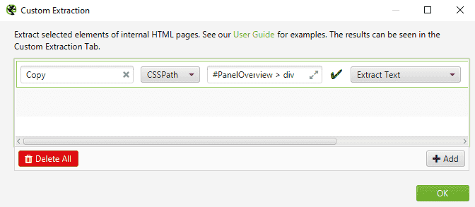 Screaming Frog Custom Extraction Showing Default Options for Extracting the Page Copy