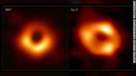 Diese Tafeln zeigen die ersten beiden Bilder des Schwarzen Lochs.  Links ist M87* und rechts Schütze A*.
