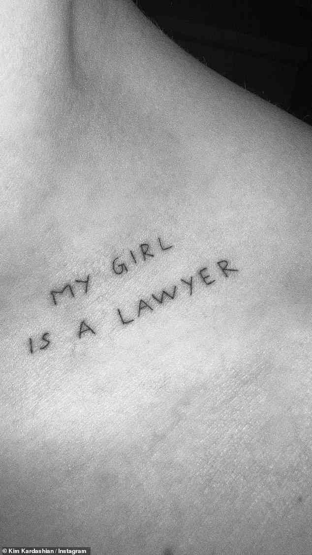 New ink: Kim Kardashian has unveiled Pete Davidson's 'My girl is a lawyer tattoo'  in late March