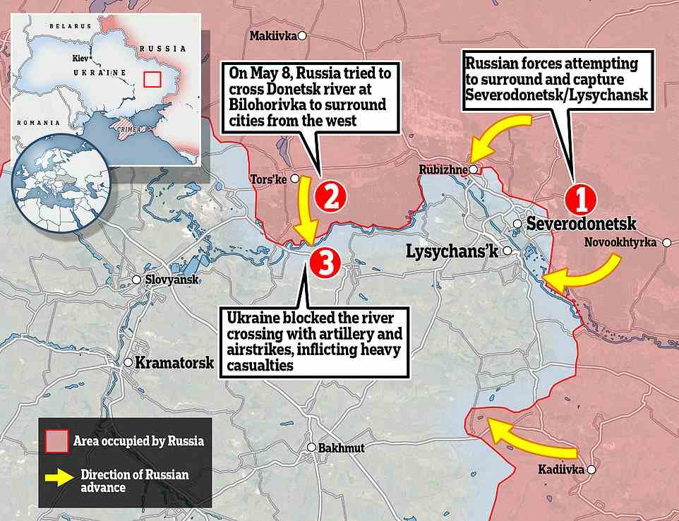 Ukrainian forces are trying to hold the cities of Severodonetsk and Lysychans'k from Russian troops, which have almost managed to surround them. The river crossing attempt was designed to complete the encirclement, but was foiled