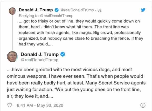 A tweet from Donald Trump reads: “nobody came close to breaching the fence. If they had they would….have been greeted with the most vicious dogs, and most ominous weapons, I have ever seen.”