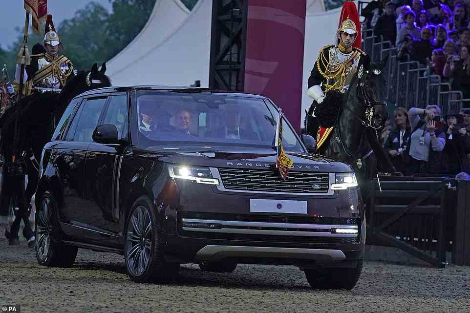 Queen Elizabeth and Prince Edward, Earl of Wessex, arrive to watch the Royal Windsor Horse Show Platinum Jubilee Celebration in their Range Rover