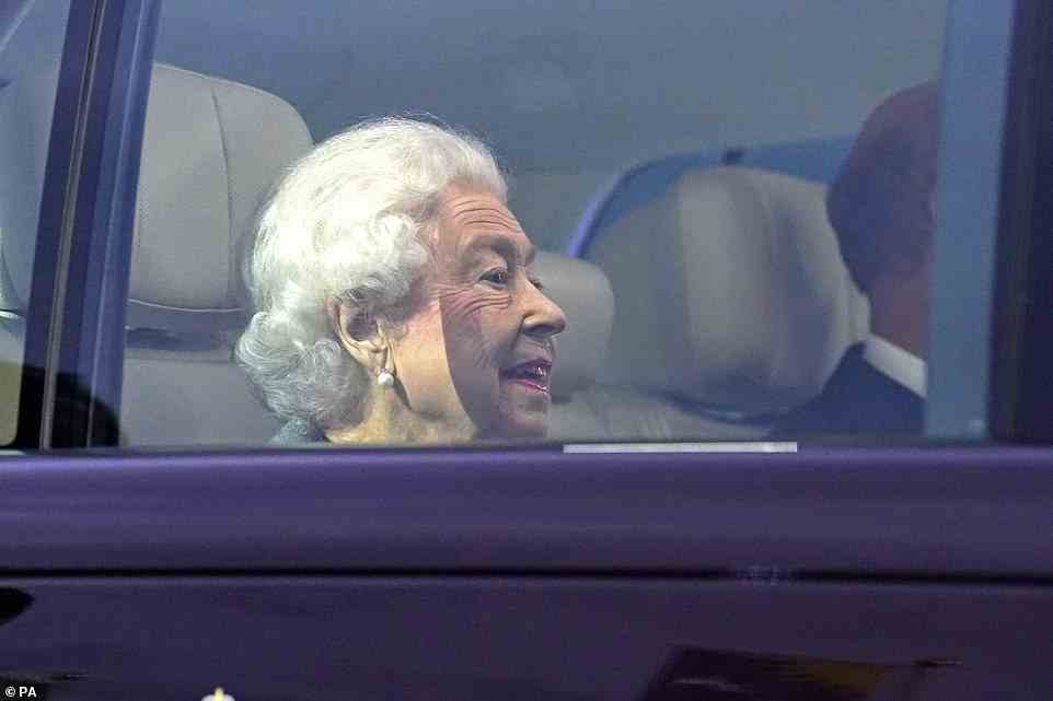The 96-year-old monarch was pictured through the window of her Range Rover arriving for the A Gallop Through History Platinum Jubilee celebration