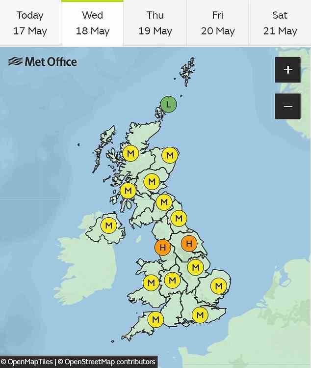 Mit Ausnahme von Orkney und Shetland in Schottland wird erwartet, dass der Rest des Vereinigten Königreichs bis Mittwoch mittlere Pollenwerte erreichen wird