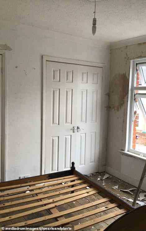 Before being made over, the master bedroom (pictured) featured plain white walls and peeling plaster