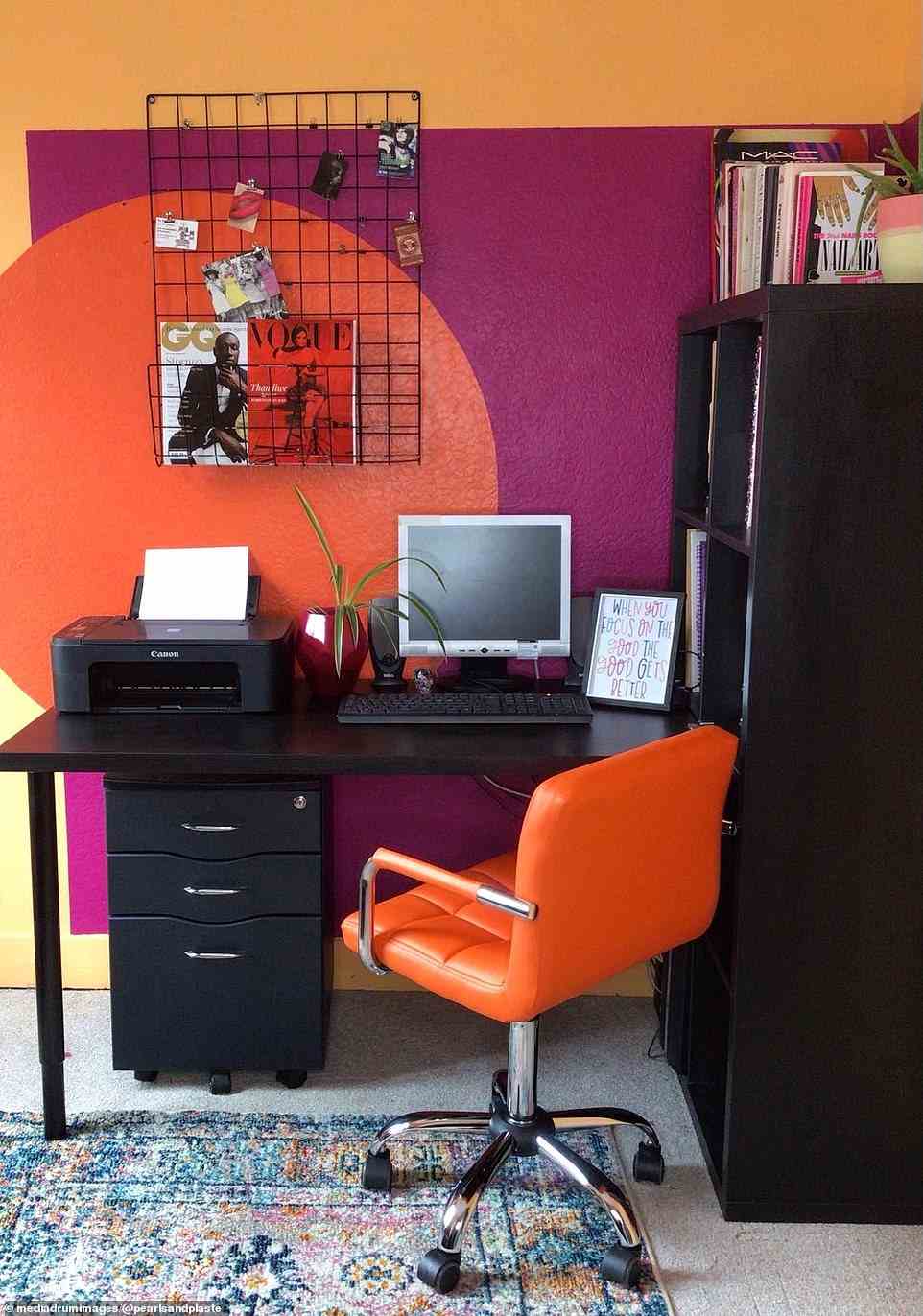 Adding bright bursts of colour, like this orange chair and the painted wall detail, means the same desk and shelving has been given a new lease of life