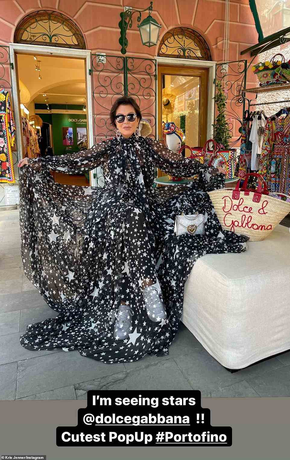 Seeing stars! Kris Jenner, 66. rocked a glamorous look as she attended a Dolce & Gabbana pop-up in the Italian village of Portofino on Friday