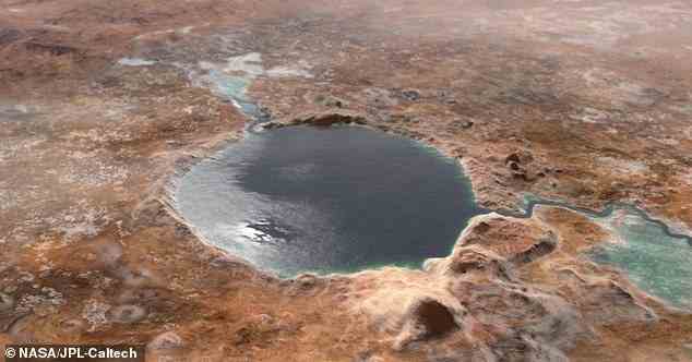 Diese künstlerische Darstellung zeigt den Krater Jezero, wie er vor Milliarden von Jahren als See ausgesehen haben könnte