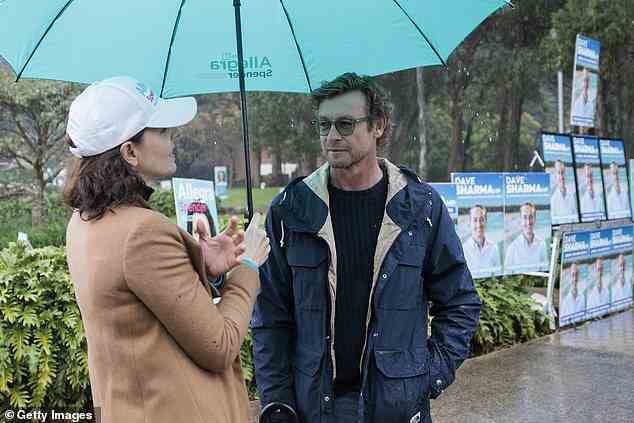 The most high-profile guest was actor Simon Baker, star of U.S. TV show The Mentalist and movies such as The Devil Wears Prada. He was pictured speaking with teal independent Allegra Spender outside a pre-polling booth in Sydney's Bondi Junction on Friday