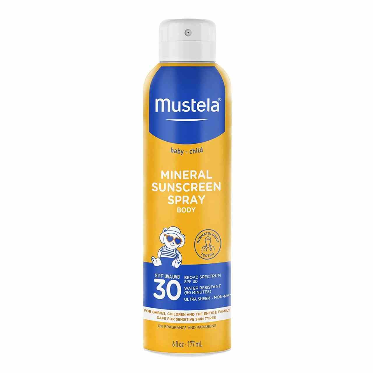 Mustela Baby Mineral Sunscreen Spray SPF 30 auf weißem Hintergrund