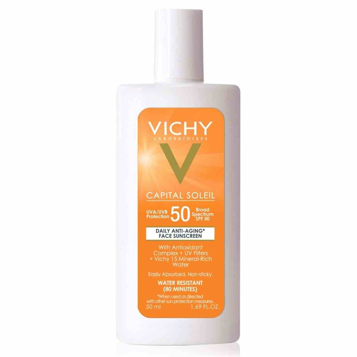 Vichy Capital Soleil Face Sonnencreme SPF 50 auf weißem Hintergrund