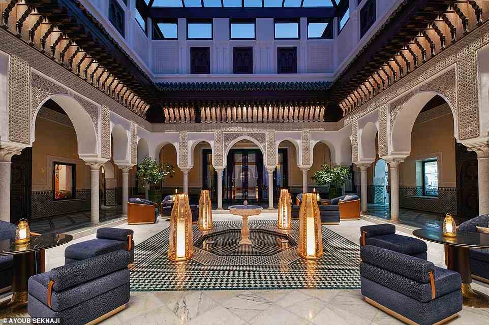 Sarah writes of the La Mamounia interior: 'There’s ebony lacquer on tables, intricate marquetry and exquisite hand-made tiles which will have you touching them just for their sheer lustre'