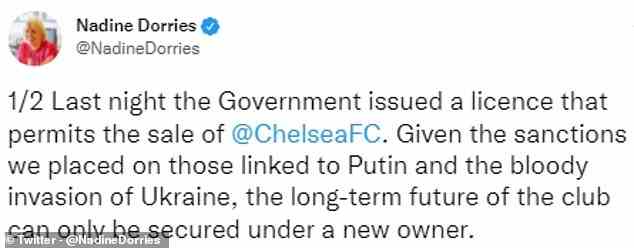 Die britische Außenministerin für das DCMS, Nadine Dorries, gab am Mittwoch Neuigkeiten auf Twitter bekannt