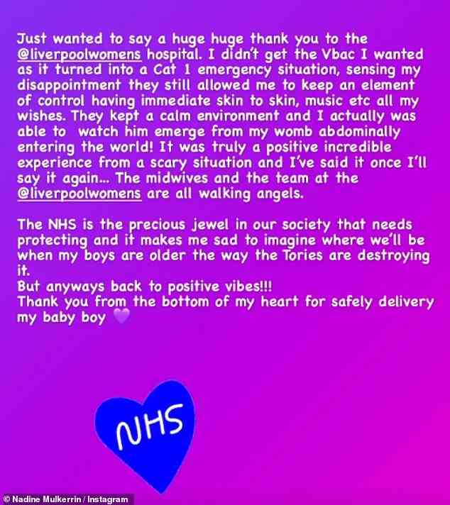 Schwierigkeiten: Nadine ging später zu ihren Instagram Stories, um den Mitarbeitern des Liverpool Women’s Hospital zu danken, da sie zugab, dass sie sich vor der Geburt in einem lebensbedrohlichen Notfall befand
