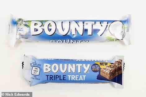 Bounty Triple Treat has 109 fewer calories and six times less saturated fat than the original, as well as being 38 per cent less sugary and being packed with an extra 1.4g of protein. However, the classic Bounty is almost 50 per cent bigger than the new product (57g compared to 40g) ¿ meaning Britons are getting less for their cash