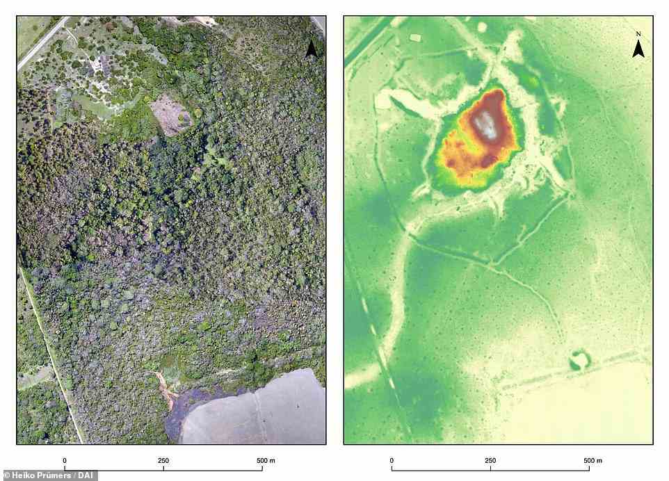 Two images of exactly the same area of the Salvatierra site. Left: a photo mosaic from drone footage; right: Lidar image. The discovery shows Amazonia was home to an early 'urbanism' created and managed by indigenous populations for thousands of years