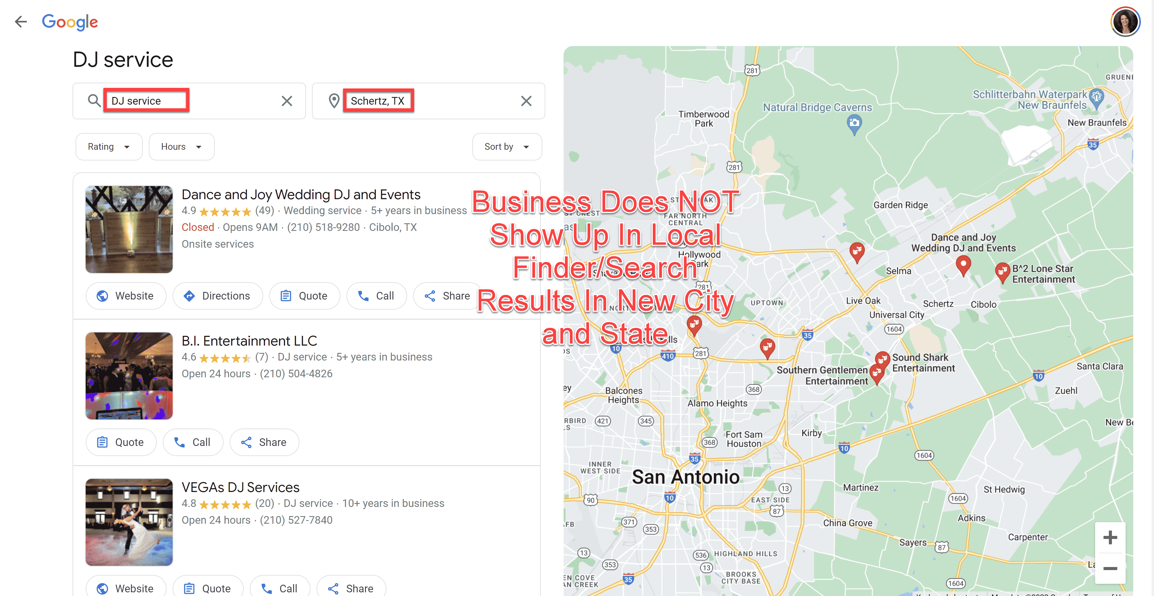 Service Area Business doesn't show up in search results for new location -- city and state