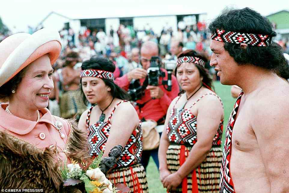 The Queen meets Maoris while on tour in New Zealand in her Silver Jubilee year