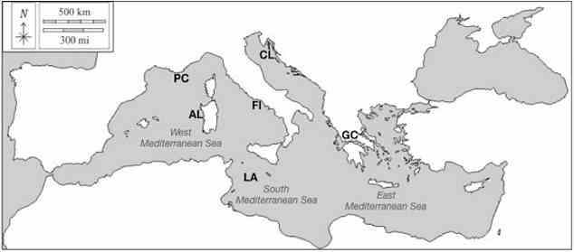 Karte der sechs Studienorte im Mittelmeer: ​​PC (Port Cros);  Al (Alghero);  FI (OstiaFiumicino);  LA (Lampedusa);  GC (Golf von Korinth);  CL (Cres und Losjni)