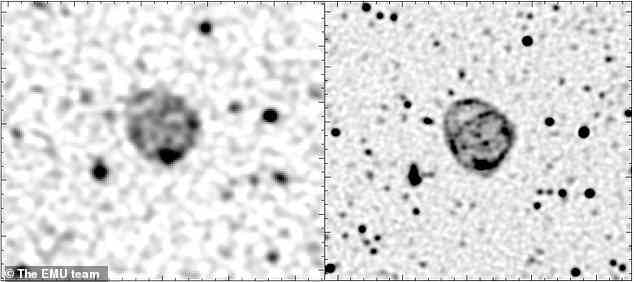 Die ursprüngliche Entdeckung von ORC1 in den ASKAP-Radioteleskopdaten des Wissenschaftsforschungsteams Evolutionary Map of the Universe (EMU) ist links abgebildet.  Und richtig ist die Nachbeobachtung von ORC1 mit dem Radioteleskop MeerKAT