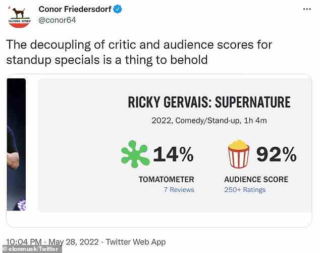 That tweet came in response to The Atlantic staff writer Conor Friedersdorf sharing a screenshot from Rotten Tomatoes showing that while only 14 percent of seven professional critics approved of Gervais' new stand-up special, 92 percent of those who watched it liked it
