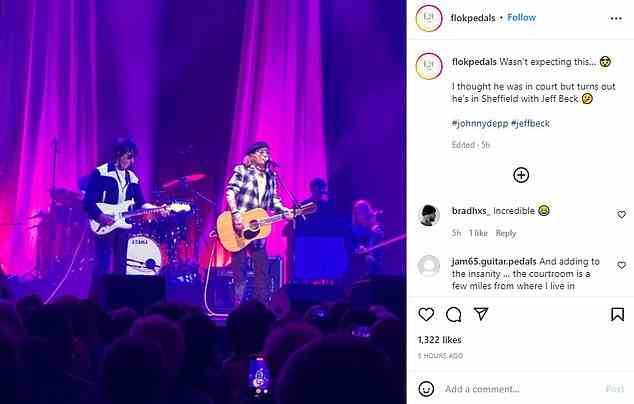 An Instagram user who caught a shot of the Pirates of the Caribbean star wrote: 'Wasn't expecting this... I thought he was in court but turns out he's in Sheffield with Jeff Beck.'