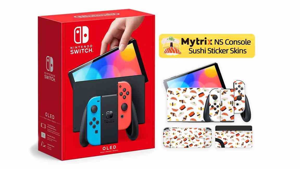 Ein Foto der Nintendo Switch mit einem Sushi-Aufkleberpaket