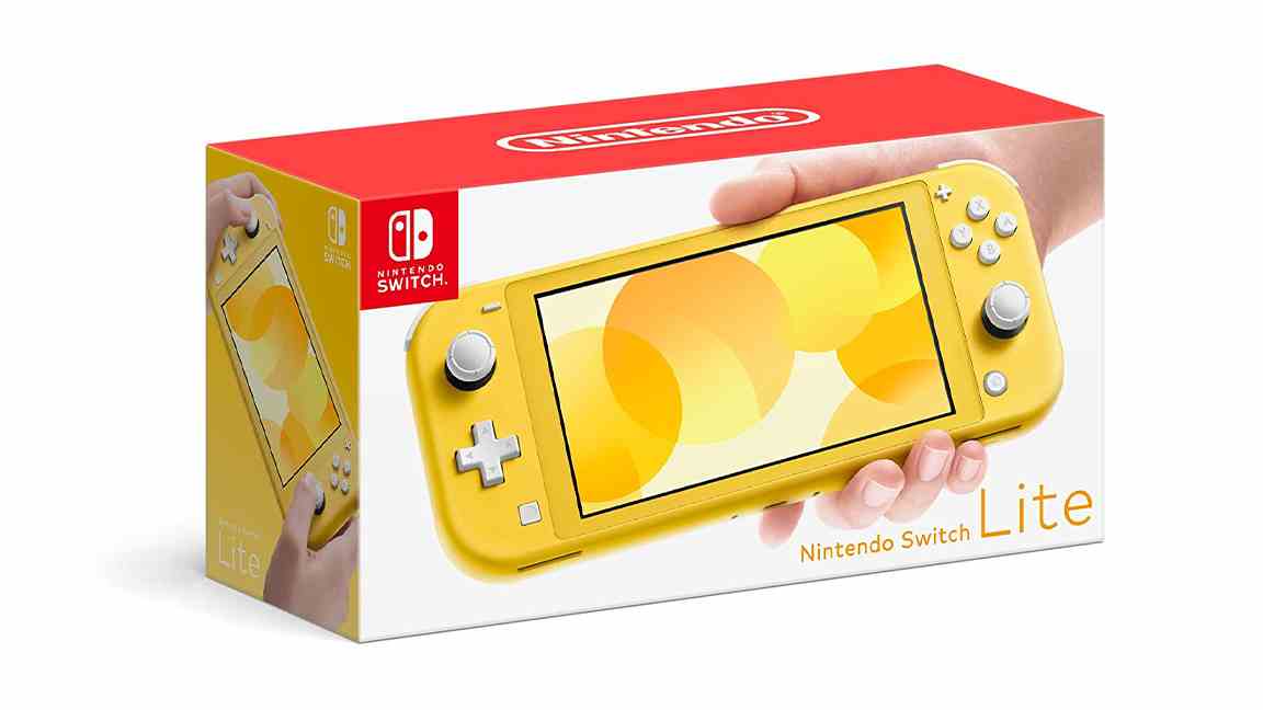 Ein Foto der Schachtel eines gelben Nintendo Switch Lite