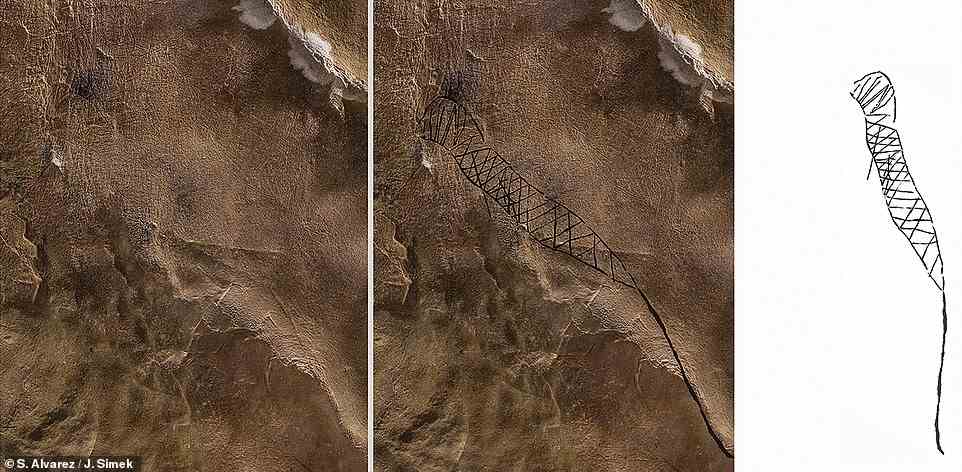 Böse Geister: Die größte bekannte Höhlenkunst der amerikanischen Ureinwohner – 1.000 Jahre alt – wurde mit Hilfe von 3D-Scans freigelegt.  Archäologen sagen, dass die Zeichnungen Geister der Unterwelt darstellen könnten, wobei eine eine Klapperschlange darstellt (im Bild).