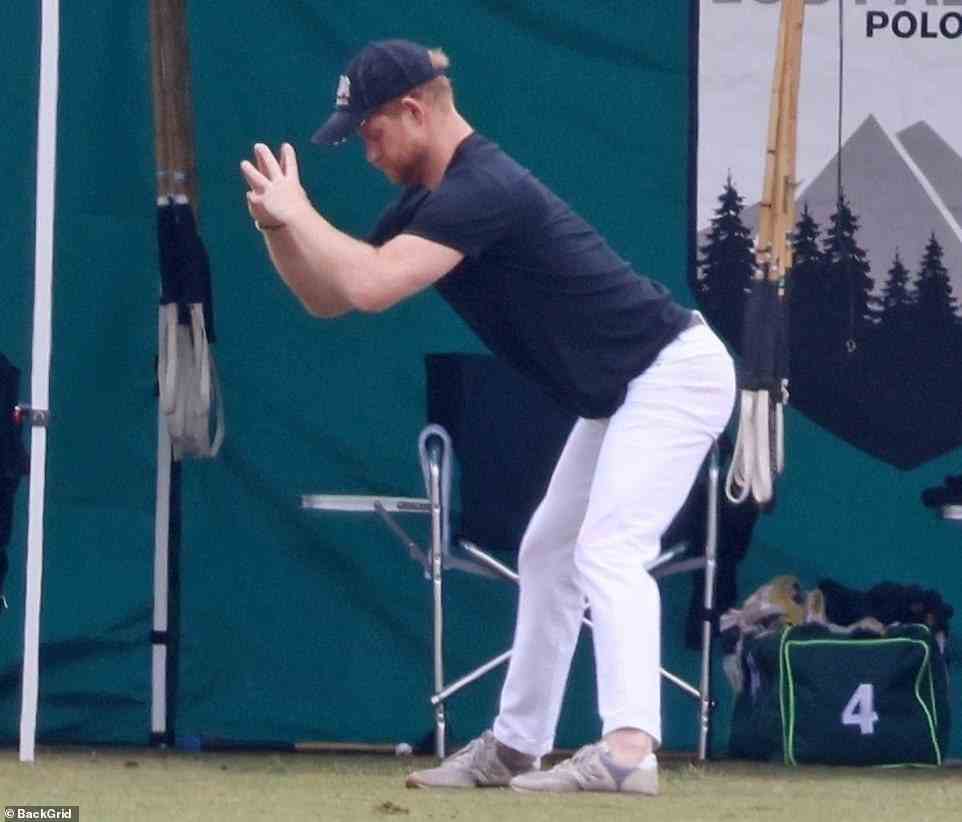 Prince Harry was pictured limbering up for a polo match on Friday, when he joined his teammates at the Santa Barbara Polo & Racquet Club for the latest in a series of games he is expected to play in the coming months