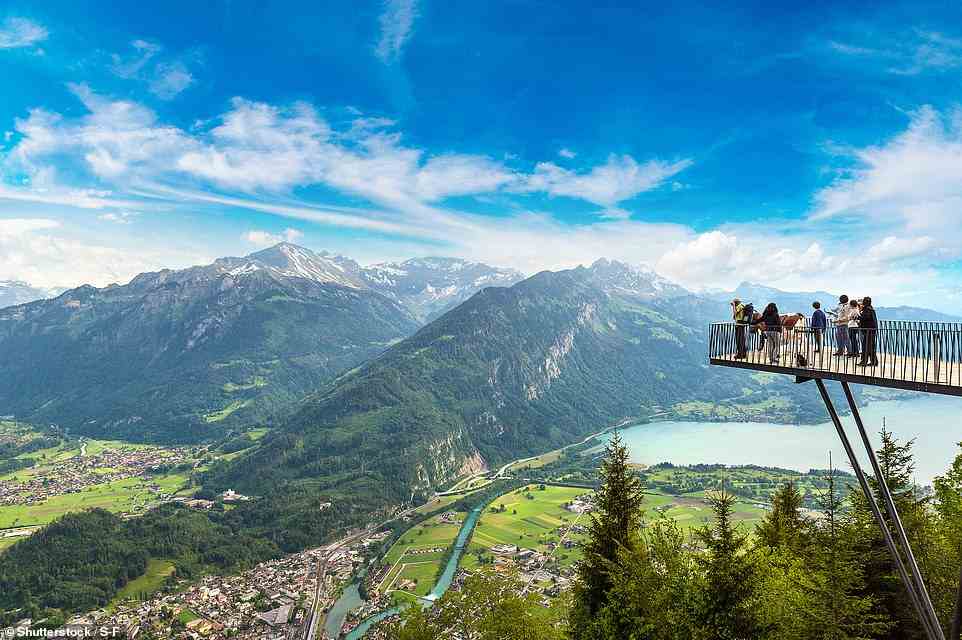 The view from the 'Two Lakes Bridge' viewing platform above Interlaken is, as this picture shows, truly jaw-dropping. The platform, which has a glass section in the middle and a quirky cow statue at the end, is located on Harder Kulm mountain at an altitude of 1,321m (4,333ft). Its name is derived from the fact that it offers views of two lakes - Brienz and Thun. Visitors can reach it by taking a funicular not far from Interlaken Ost station. Myswitzerland.com notes that there is a 'lovely' restaurant with turrets and a red-tile roof next to the viewing platform