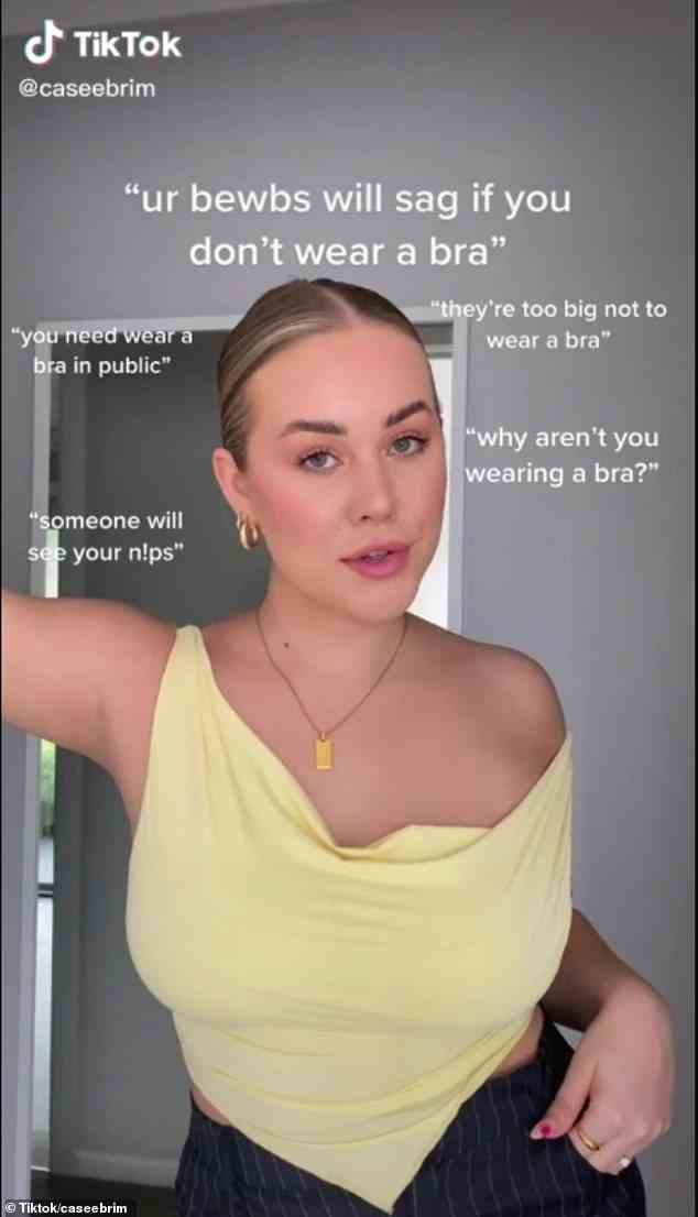 Body Positivity TikTokker, Casee Brim, aus Queensland, behauptet, dass sie keinen BH trägt, obwohl sie F-Cup-Brüste hat, da sie sagt, dass sie dadurch „frecher“ werden.