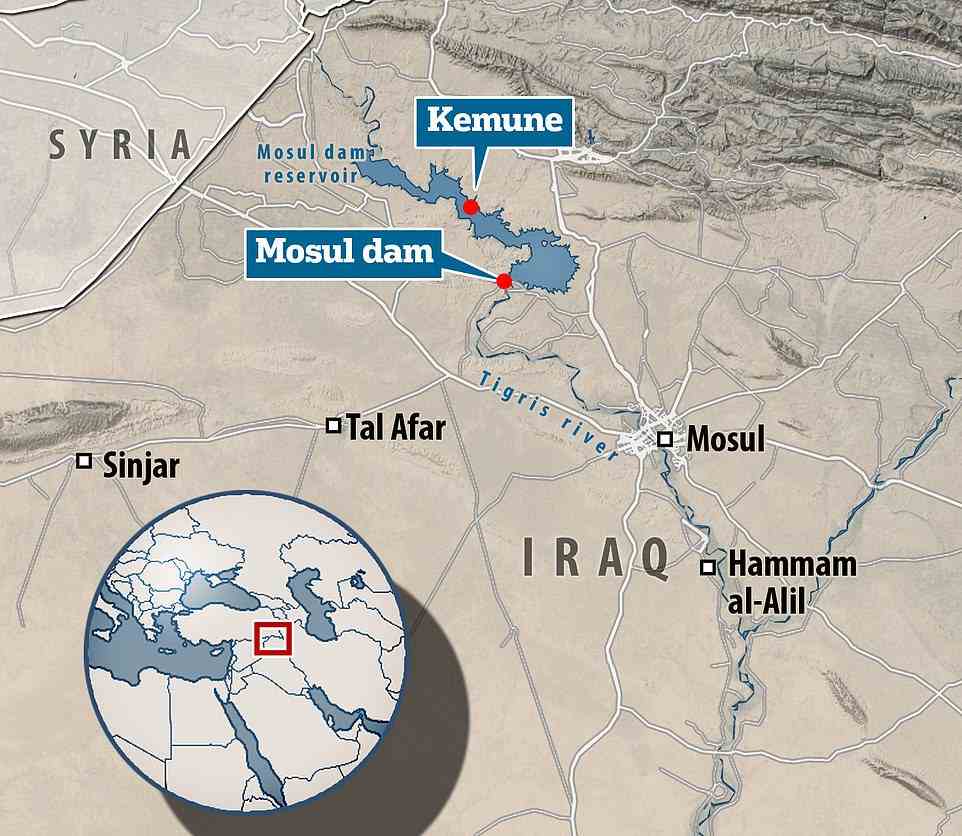 Karte mit dem Standort der archäologischen Stätte Kemune im Mossul-Staudamm am Fluss Tigris im Irak.  Es wurde zum ersten Mal unter Wasser gesetzt, als der Bau des Damms abgeschlossen war und der Stausee im Frühjahr 1985 gefüllt wurde