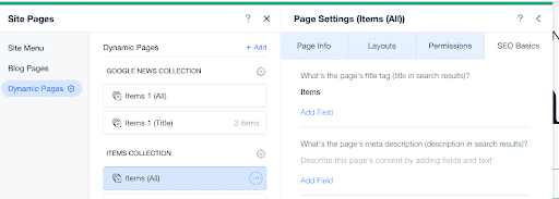SEO settings panel Wix custom dynamic pages