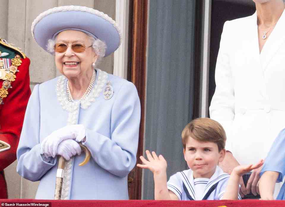 Elizabeth II and Prince Louis of Cambridge during Trooping the Colour, while little Louis stole the show, the Queen debuted a walking stick