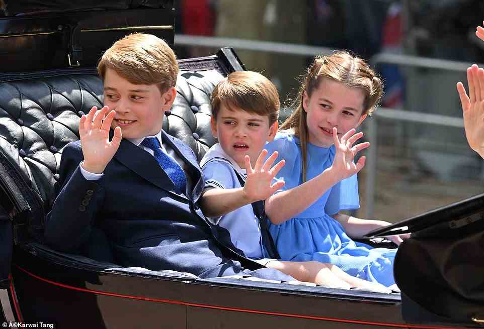 The Duke and Duchess of Cambridge's three children Prince George, Princess Charlotte and Prince Louis, took a starring role in the royal carriage as they arrive alongside their mother the Duchess of Cambridge, and the Duchess of Cornwall today at the start of Trooping the Colour