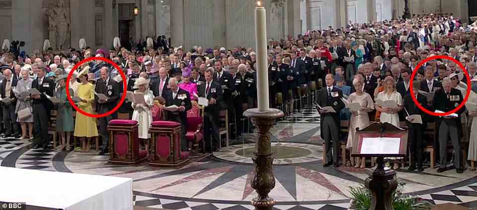 The Duke and Duchess of Cambridge (left, circled) sat alongside Prince Charles and Camilla - across the aisle from the Sussexes (right, circled) at St Paul's