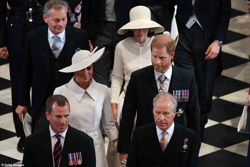 (L-R) Daniel Chatto, Lady Sarah Chatto, Meghan, Duchess of Sussex, Prince Harry, Duke of Sussex, Peter Phillips and David Armstrong-Jones, 2nd Earl of Snowdon depart the National Service of Thanksgiving at St Paul's Cathedral today
