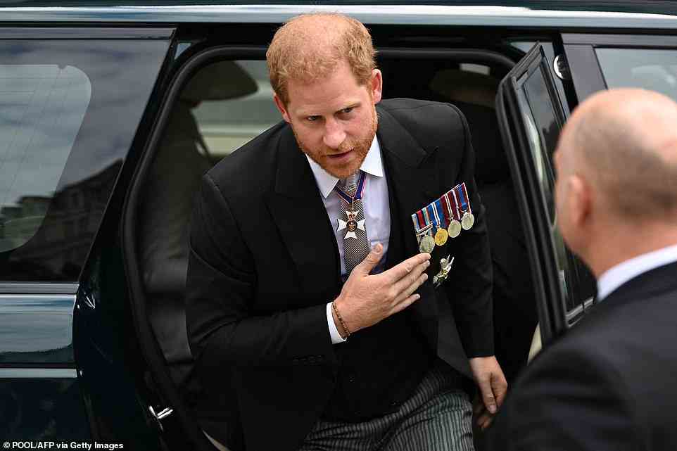 Prince Harry arrives at St Paul's Cathedral in London this morning to celebrate his grandmother's Platinum Jubilee