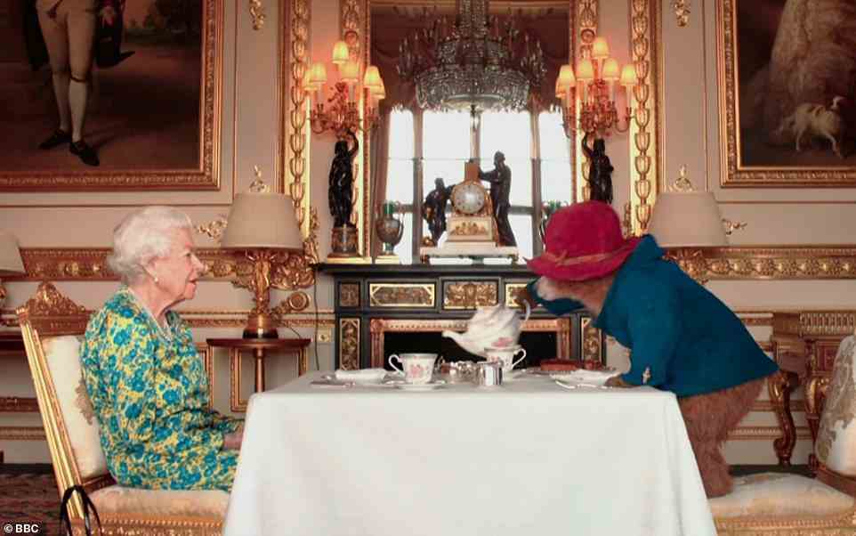Amusing: Before the concert began, the Queen hilariously hosted a sketch with popular children's character Paddington Bear, after her 007 sketch at the London 2012 Olympics