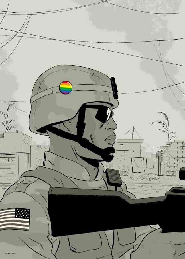 Eine Illustration eines Soldaten im Irak, der eine LGBTQ-Pride-Anstecknadel auf seinem Helm trägt
