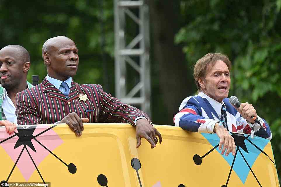 Chris Eubank and Cliff Richard are seen during the Platinum Pageant on June 5, 2022