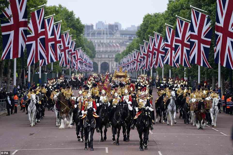Soldiers parade during the Platinum Jubilee Pageant in front of Buckingham Palace, June 5, 2022